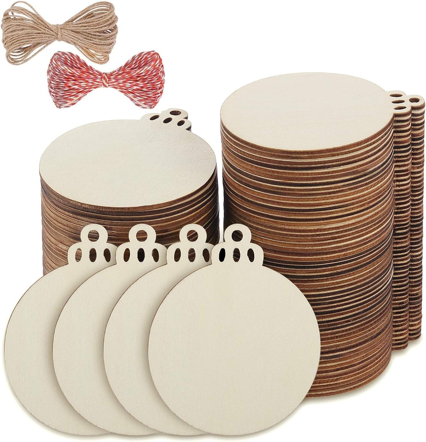Fuyit 100Pcs 3.5 Inch Wooden Christmas Ornaments Unfinished Wood Slices with Holes, Predrilled Wood Round Circles Blank Discs for DIY Crafts Party Decorations