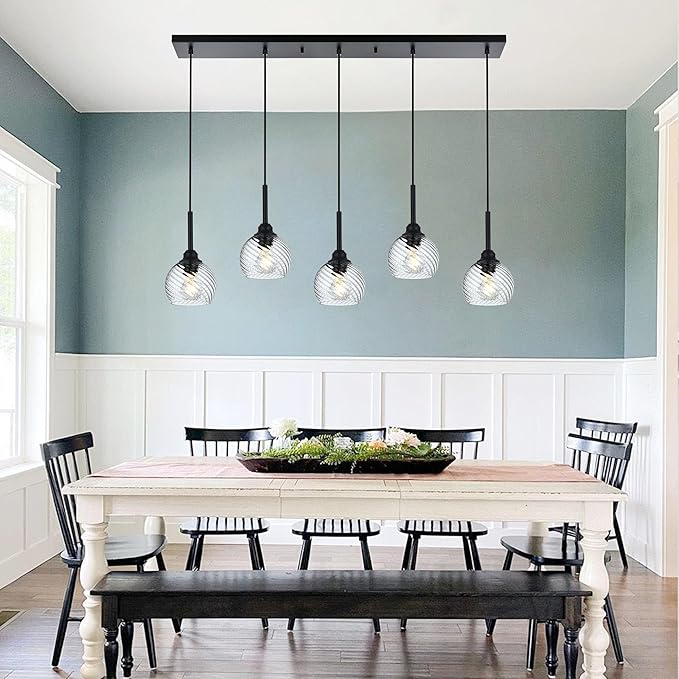 5 Light Kitchen Pendant Lighting Over Island with Striped Swirl Globe Glass, Black Blown Glass Pendant Light Hanging Ceiling Lamp Contemporary Chandelier for Dining Room Bar Living Room