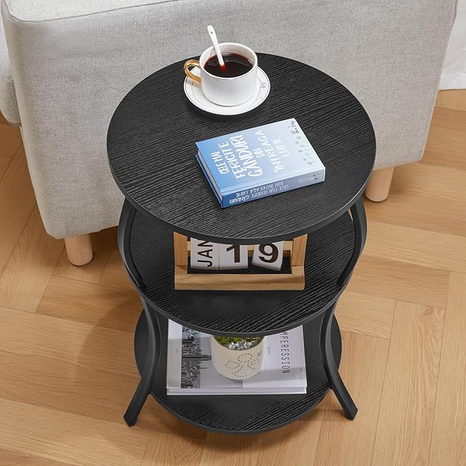 Round Side Table, 3-Tier Waist End Table with Storage Shelf, Side Tables Living Room,15.75x24’’Round Table, Sofa Side Table, Snack Table TV Tray Table, Vintage Nightstand for Bedroom,Black