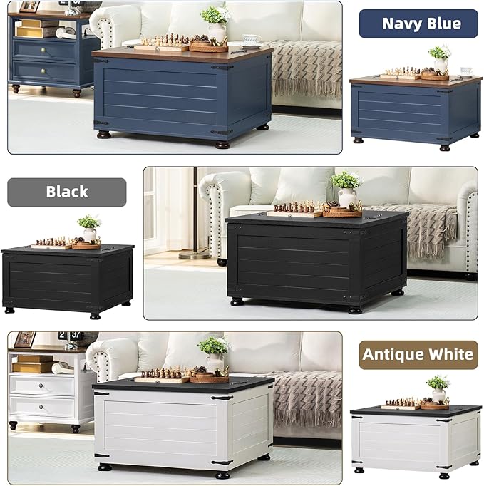 Farmhouse Coffee Table with Hidden Storage,Wood Square Center Table for Living Room, Large Rustic Cocktail Tables with Flip-Top Lids, Farm House Tables with Wooden Gourd Feet,Natural Black