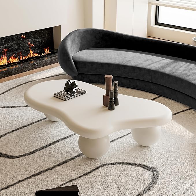 47.2” Cloud Coffee Table with 3 Ball Legs, Modern Lrregular Center Table for Living Room, Low Cute Small MDF Tea Table for Bedroom, Space Apartment-White