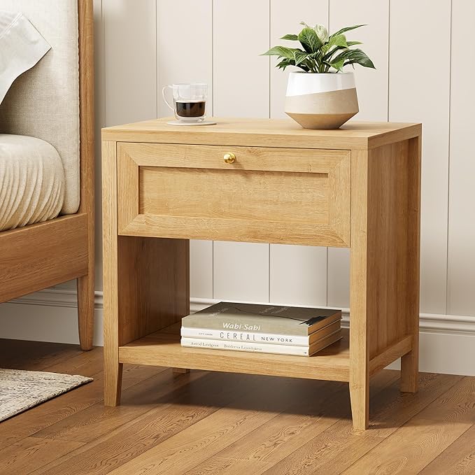 Nightstand with Storage Drawer, Farmhouse Large Bedside End Table with Open Shelf, Modern Wood Night Stand for Sofa, Bedroom, Natural Oak
