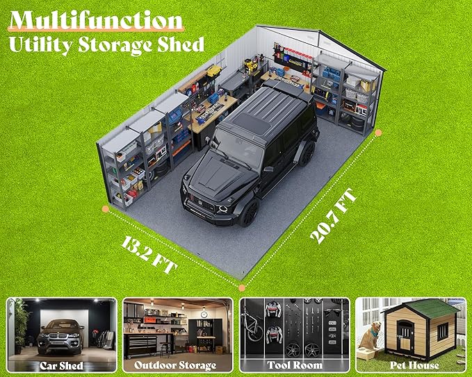 AMERLIFE 13x21x8.4 FT Outdoor Metal Garage Shed, Extra Large Storage Shed with Double Hinged Doors & 4 Windows, Carport for Car, Boat, Truck and Equipment Storage, Dark Gray