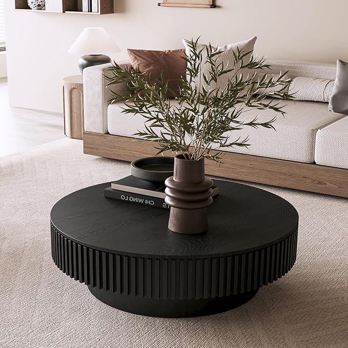 39" Round Coffee Table with Hidden Storage Compartment, Modern Handcraft Fluted Drum Coffee Table, Wooden Circle Center Table Cocktail Tea Table with Sturdy Pedestal for Living Room, Black