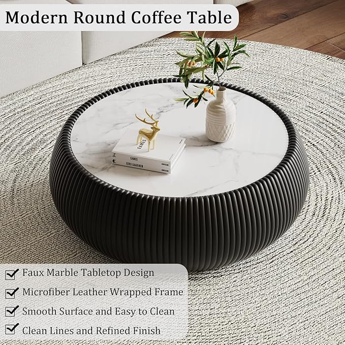 27.55" Black Round Coffee Table, Drum Coffee Table with Sintered Stone Tabletop and Fluted PU Leather Covered and Stable Base, Circle Cocktail Tea Table for Living Room
