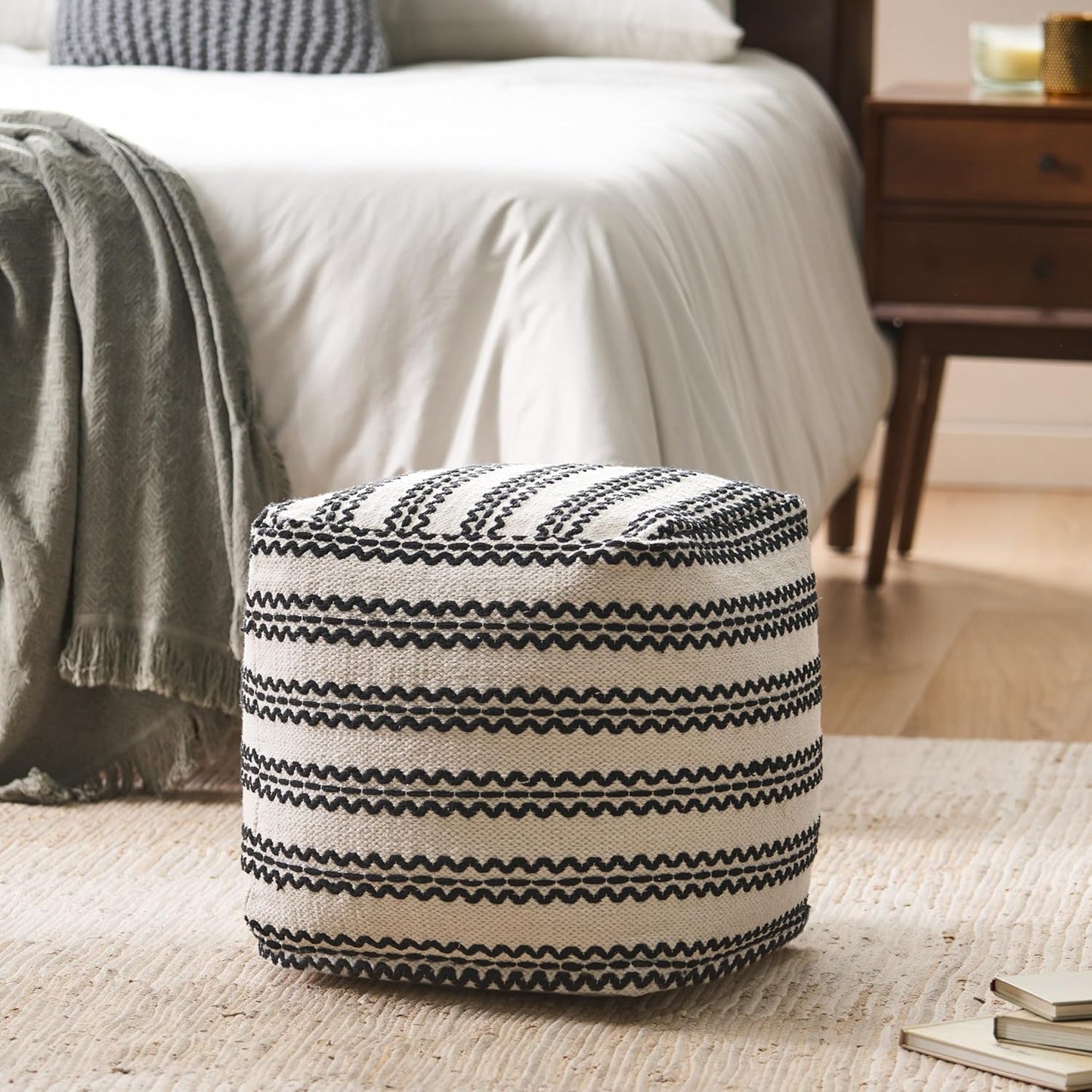 GDFStudio Boho Handmade Fabric Cube Pouf Ottoman Foot Stool - Bean Bag Floor Chair - Foot Rest Couch for Living Room Bedroom,Natural and Black,16" x 16" x 15.75"