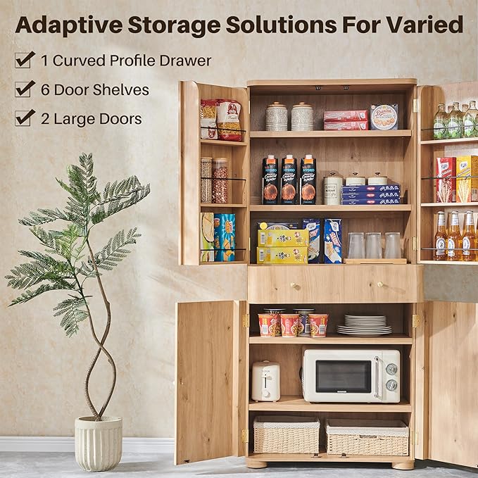 71" Tall Kitchen Pantry, Modern Curved Pantry Storage Cabinet with 4 Doors and 6 Adjustable Shelves, Cupboard for Kitchen, Dining Room, Living Room and Bathroom, Natural