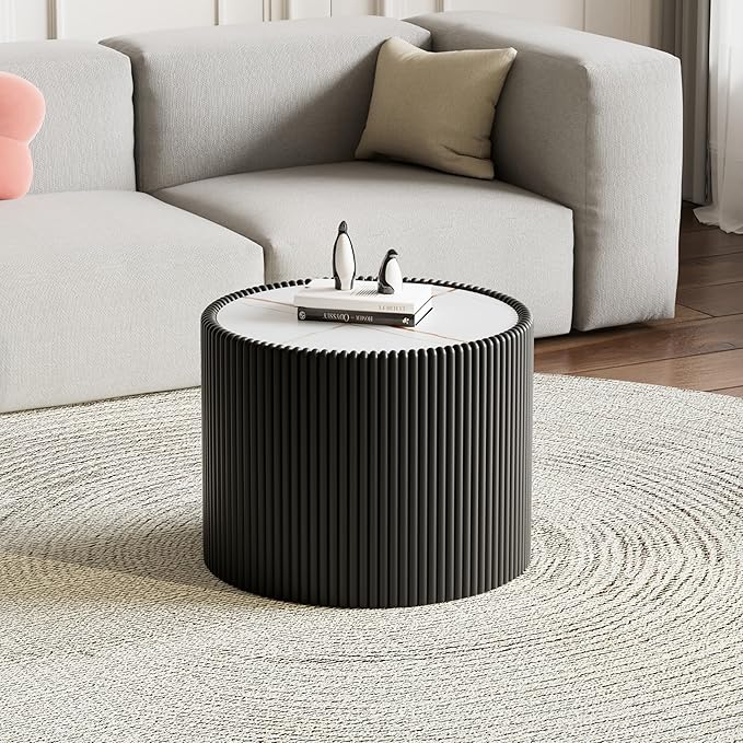 Round Living Room Table Set, 29.52" White Drum Center Table and 17.71" Black Coffee Table Set, 2 Pieces Coffee Table Set with Sintered Stone Tabletop, Fluted PU Leather Covered and StableBase