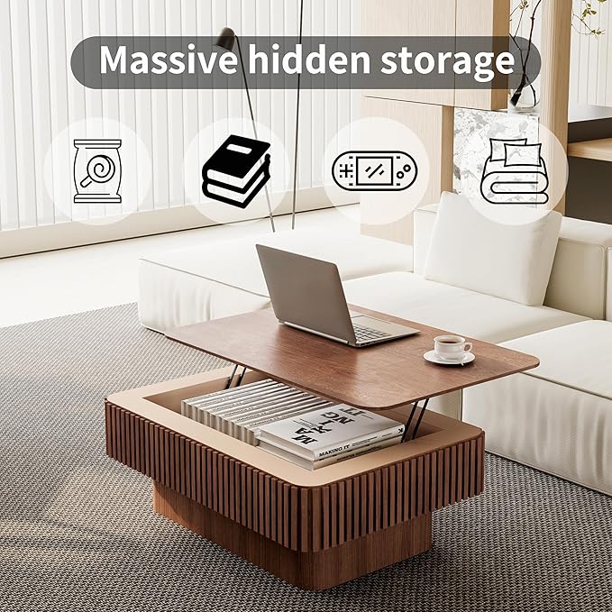 38.6" Lift Top Coffee Table, Modern Fluted Tea Table with Hidden Storage for Living Room, Apartment or Office, Walnut