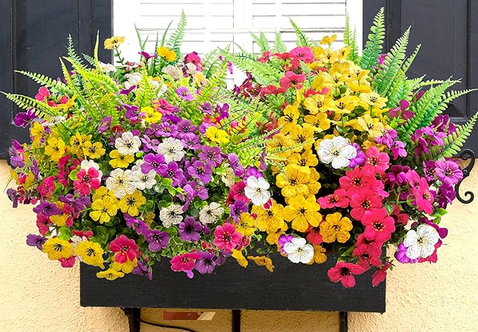 Artificial Fake Flowers for Outdoors,16 Bundles Artificial Plants Outdoor Faux Plants UV Resistant, Realistic Faux Silk Flower 6 Colors Spring Summer Decor for Porch Outside Planter Window Box