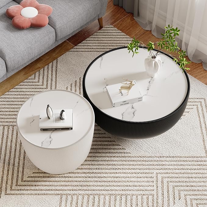 Round Living Room Table Set, 27.56" Black Drum Center Table and 19.69" White Coffee Table Set, 2 Pieces Coffee Table Set with Sintered Stone Tabletop, Fluted PU Leather Covered and Metal Base