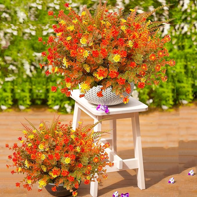 18 PCS Artificial Mums Fall Flowers for Outdoors, Artificial Plants Outdoor Fake Mums UV Resistant, Outdoor Fake Plants Plastic Faux Flowers for Porch Window Box Garden (Orange Red)