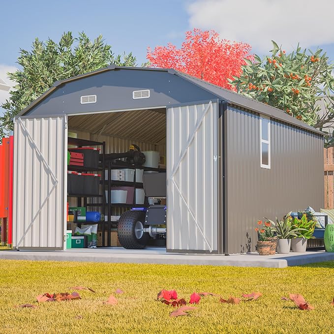 10x12 FT Metal Storage Shed with Floor Frame, Heavy-Duty Outdoor Storage Building with Diamond Roof, 4 Air Vents, Transparent Window & Lockable Double Doors, Snow-Resistant Backyard Garage Shed