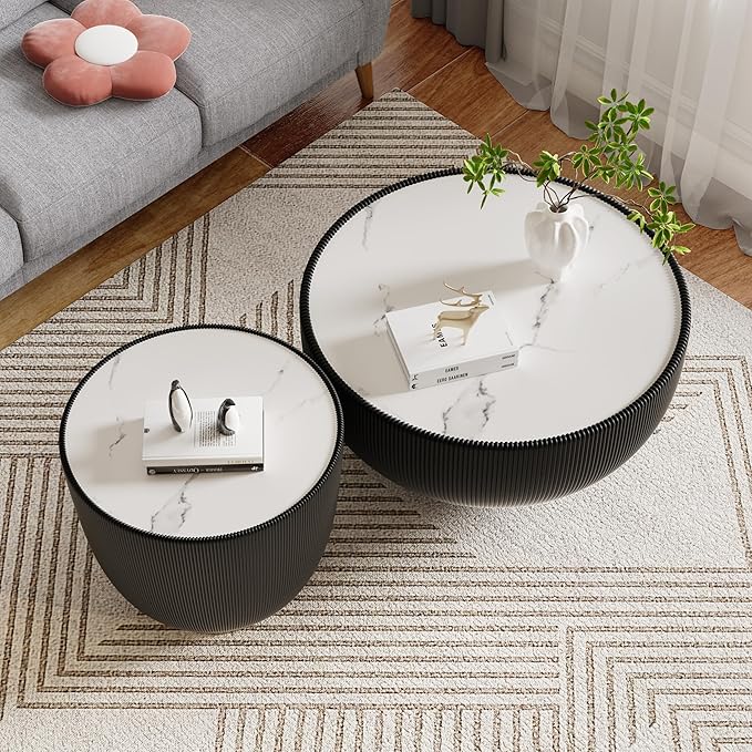 Round Living Room Table Set, 27.56" Black Drum Center Table and 19.69" Black Coffee Table Set, 2 Pieces Coffee Table Set with Sintered Stone Tabletop, Fluted PU Leather Covered and Metal Base