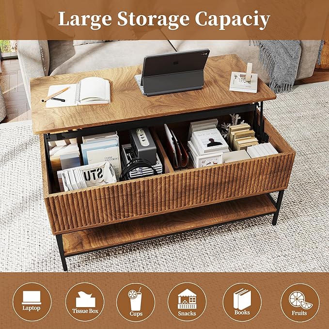 AQY Lift Top Coffee Table with Storage, 39.2" Modern Wooden Center Table with Hidden Compartment & Lower Shelf, Multifunctional Coffee Table for Living Room, Office,Assembly Required