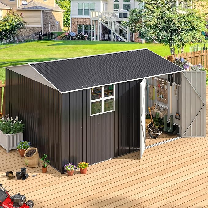 10x12 FT Outdoor Metal Storage Shed with Window, Large Lockable Metal Garden Tool Shed with Heavy-Duty Frame for Backyard, Patio, and Lawn, Black