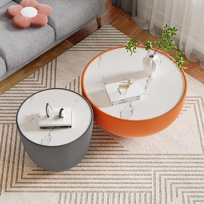 Round Living Room Table Set, 29.53" Orange Drum Center Table and 19.69" Grey Coffee Table Set, 2 Pieces Coffee Table Set with Sintered Stone Tabletop,Fluted PU Leather Covered and Metal Base
