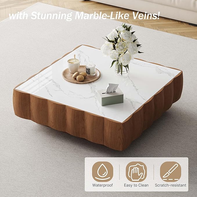Fully Assembled Square Coffee Table Modern with Storage, 36.2" Toast Shape Luxury Wooden Center Table with Marble Look Table Top, for Living Room, Small Space