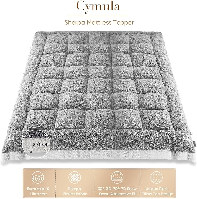 Cymula Pillow Top Mattress Topper Queen, Thick Queen Size Mattress Topper for Back Pain Sherpa Mattress Pillow Top Pad with Plush Fluffy Down Alternative Mattress Cover with 8-21" Deep Pocket, Grey