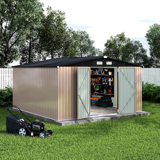 12x12 FT Metal Storage Sheds Outdoor, Metal ToolShed with Lockable Door, Metals Yard Sheds Metals Garden Shed Kit, MetalUtility Sheds Buildings with Air Vent for Backyard Garden Patio Lawn