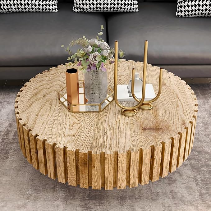 WILLIAMSPACE 31.4" Round Coffee Table for Living Room, Modern Wood Drum Center Table, Accent Side Tea Table for Apartment, Natural Wood Texture, Stable & Durable, Easy to Assemble - Natural