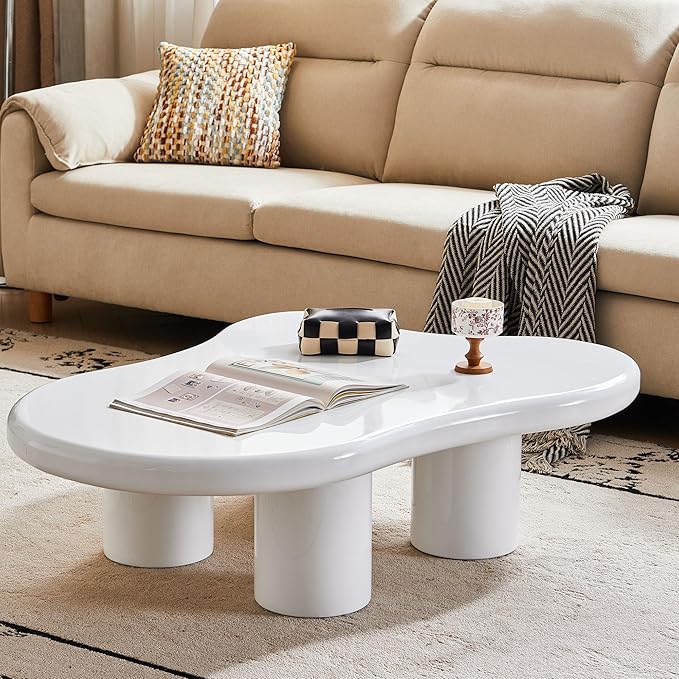 48 Inch Cloud Coffee Table, Modern White Coffee Table for Living Room, Large Wood Coffee Side Table with Irregular Tabletop and 4 Sturdy Legs for Home Office Bedroom