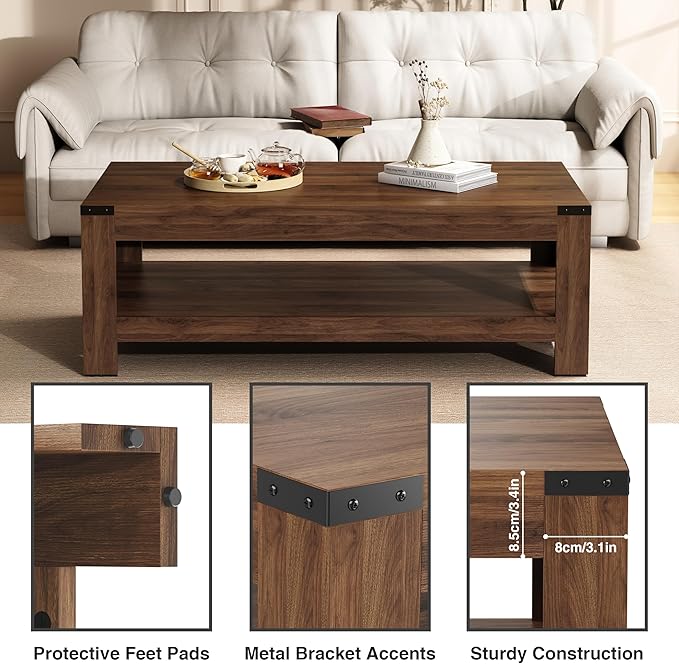 Farmhouse Coffee Table, Modern Rustic Wooden Center Table with Storage, Living Room Tables, 2-Tier Industrial Cocktail Tea Table for Living Room (Walnut, 47.2 in)