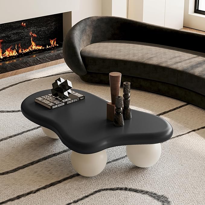 40” Cloud Coffee Table with 3 Ball Legs, Modern Lrregular Center Table for Living Room, Low Cute Small MDF Tea Table for Bedroom, Space Apartment-Black White