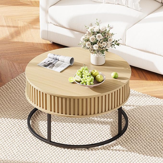 Round Coffee Table with Lift Top - Fluted Wood Center Coffee Tables for Living Room, Lifting Up for Dining, Large Hidden Circle Storage Compartment for Small Spaces, Mid Century Modern