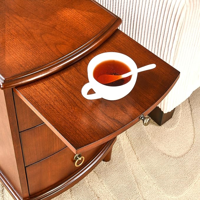 Solid Wood End Table with 3 Drawers, Cherry Red American Style Beside Table with Slide-Out Coffee Tray, Sofa Chair Side Table Nightstand for Living Room Bedroom, Rustic Wood Grain Accent Table 1569MG