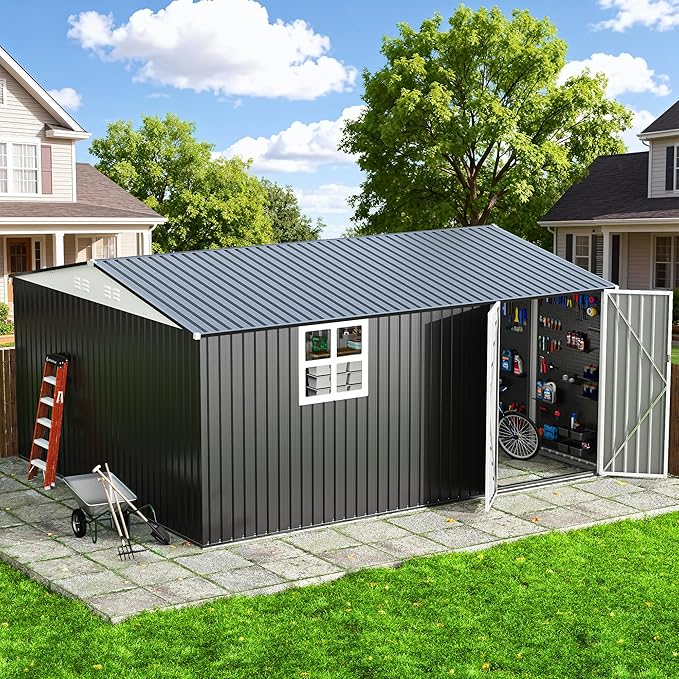 12x14 FT Outdoor Metal Storage Shed with Window, Large Lockable Metal Garden Tool Shed with Heavy-Duty Frame for Backyard, Patio, and Lawn, Black