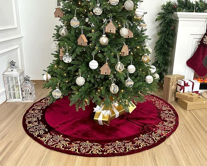 72-Inch Victorian Velvet Christmas Tree Skirt with Gold Damask Embroidery and Plush Lace Ties, Burgundy