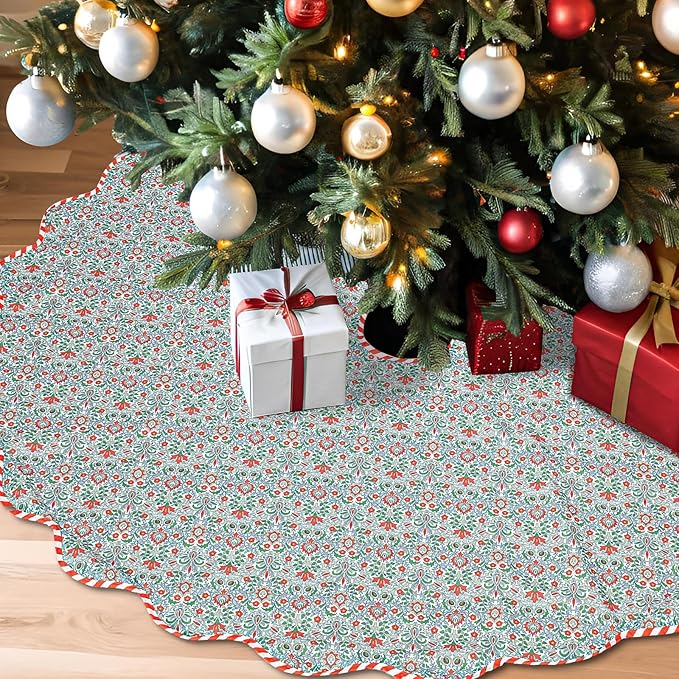 Christmas Tree Skirt Cotton Floral Block Tree Skirt in Nature Color for Home Xmas Party Seasonal Holiday Decoration Indoor Outdoor(60 Inch,Green)