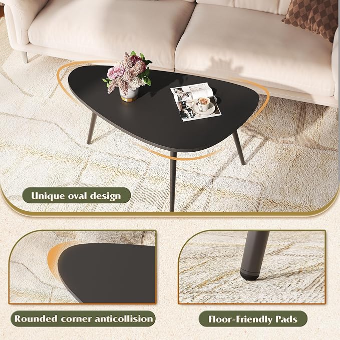WLIVE Oval Coffee Tables, Modern Coffee Table for Living Room, Coffe Table for Small Space Home Office, Easy Assembly, 33.5" W x 18.9" D x 18.7" H (Black)