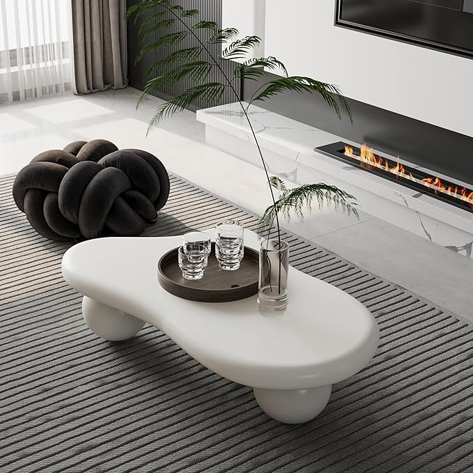 47.2” Cloud Coffee Table with 3 Ball Legs, Modern Lrregular Center Table for Living Room, Low Cute Small MDF Tea Table for Bedroom, Space Apartment-White