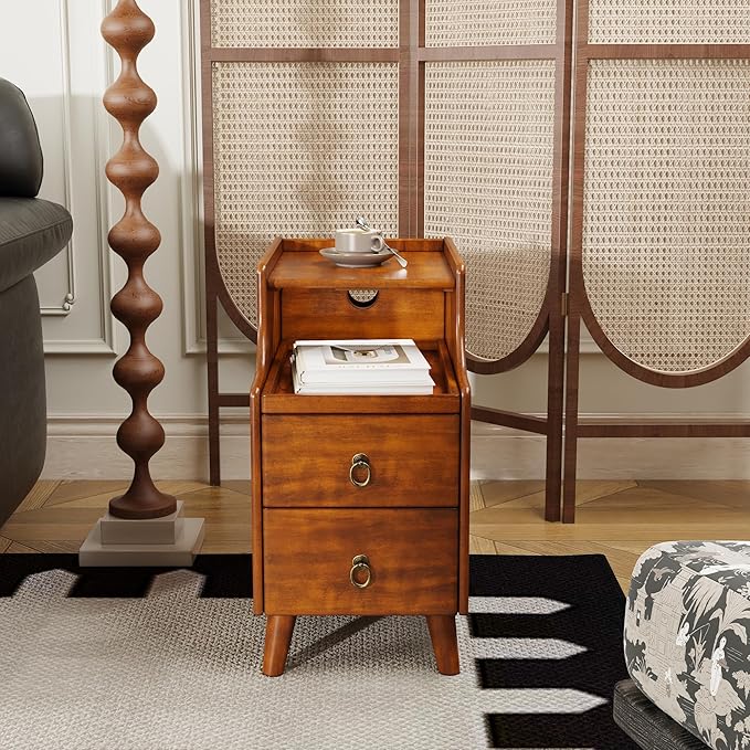 Solid Hardwood End Table with 2 Drawers, Traditional Beside Table with Pull-Out Coffee Tray, Modern Vintage Sofa Chair Side Table Nightstand for Living Room Bedroom, Cherry Brown Accent Table BGA1359