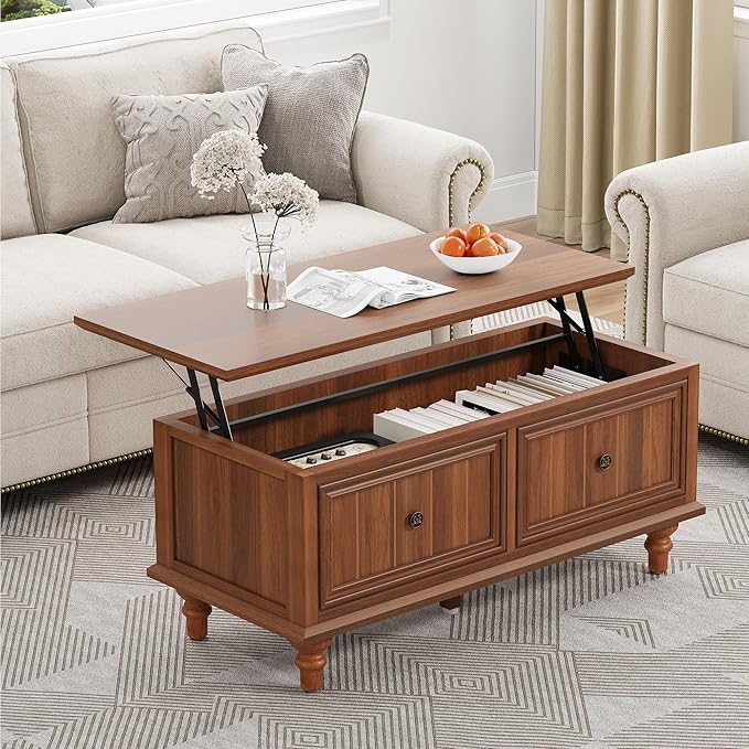 Lift Top Coffee Table with Storage, 39" Wood Rectangular Center Table with Lifting Top, Sturdy Space-Saving Dining Table for Living Room Home Office Small Space (Walnut)