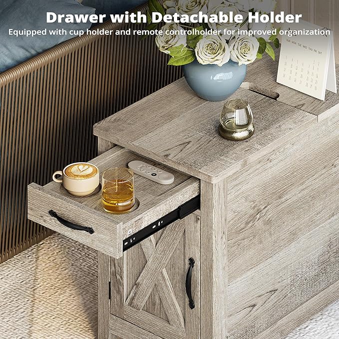 IRONCK End Table with Charging Station, Narrow Side Table for Living Room, Farmhouse Night Stand for Bedroom, Beside Table with Storage and Drawer for Home, Beige Maple
