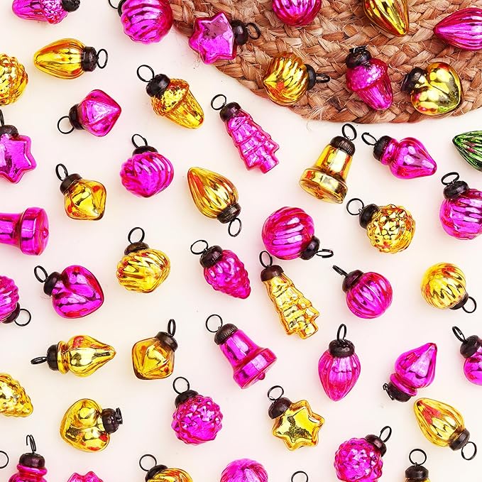IndianShelf 300 Pieces Gold Pink Glass Vintage Christmas Ornaments Mini Bulk Decorative Ornaments for Halloween, Christmas Tree, New Year, Valentine Day, Holidays, Event and Wedding (25 * 12 Boxes)