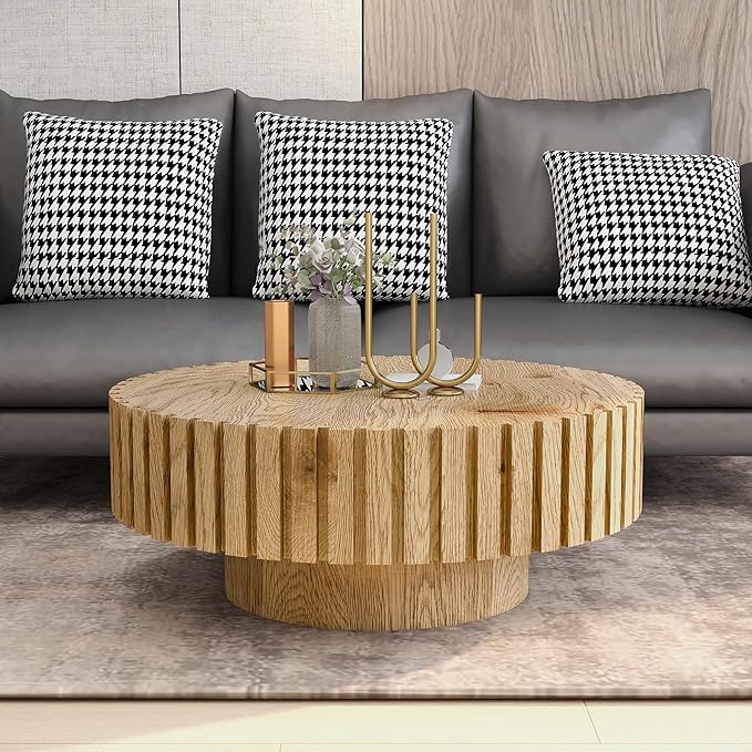 WILLIAMSPACE 31.4" Round Coffee Table for Living Room, Modern Wood Drum Center Table, Accent Side Tea Table for Apartment, Natural Wood Texture, Stable & Durable, Easy to Assemble - Natural