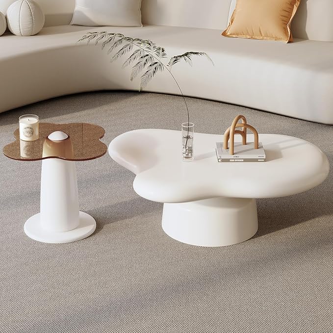 Nesting Coffee Table Set of 2, Cloud Shape Center & Small Tempered Glass Top Accent Side Table, Modern Home Decor Table Set for Living Room, Bedroom, Office