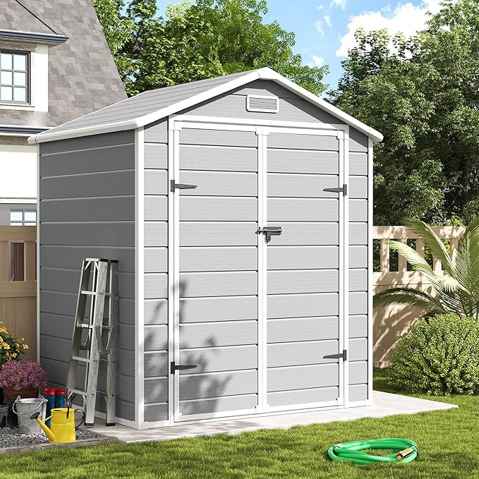 Amopatio Outdoor Storage Shed with Floor,6x4.5 FT Lockable Plastic Tool Shed with Ventilation,Waterproof Resin Garden Sheds for Backyard,Patio,Lawn and Bike Grey