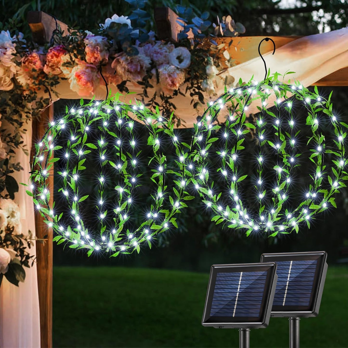 Solar Powered Hanging Iron Sphere Lights with Artificial Greenery – 12Inch 120 LED Waterproof Outdoor Decor Ball Light with Timer & 8 Modes – 2 Pack for Garden, Christmas, Weddings (Cool White)