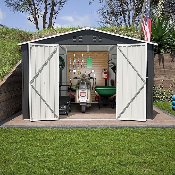 10x10 FT Outdoor Storage Shed, Large Metal Garden Shed with Lockable Hinged Doors, Outside Tool Shed with Sloped Roof & 4 Air Vents, Waterproof Storage Building for Backyard, Patio, Lawn, Black