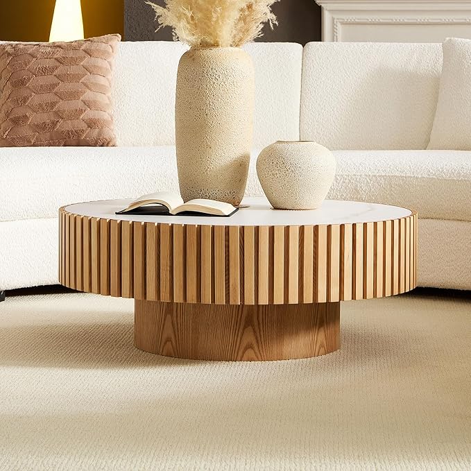 35.43'' Round Coffee Table with Faux Marble Tabletop, Modern Drum Center Coffee Tables Luxury Circle Coffee Table for Bedroom,Apartment,Living Room-Natural