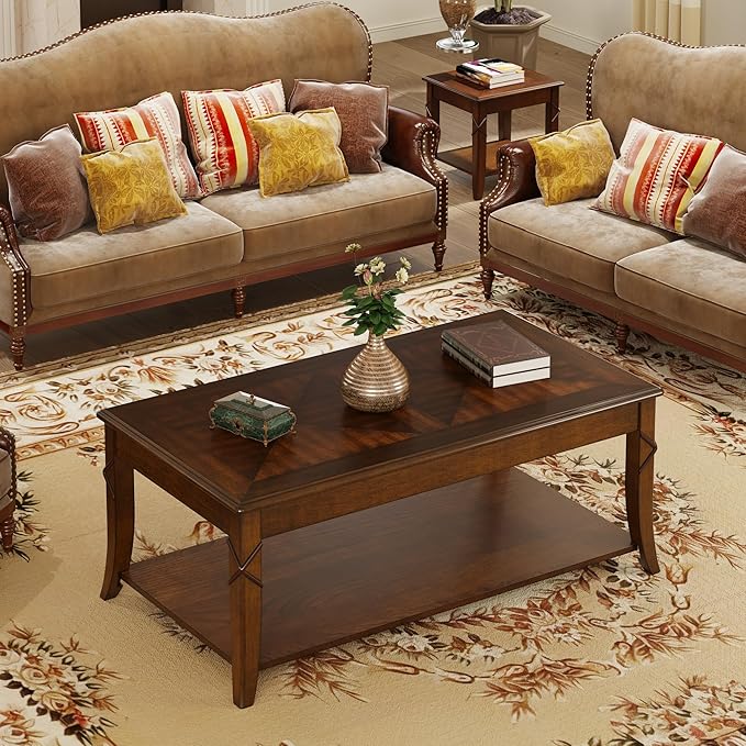 Solid Wood Coffee Table with Storage Shelf, Rectangle Coffee Table for Living Room, Mid-Century Living Room Table with Curved Legs, Large Countertop Cocktail Center Table, Cherry Walnut KFZ-DR200