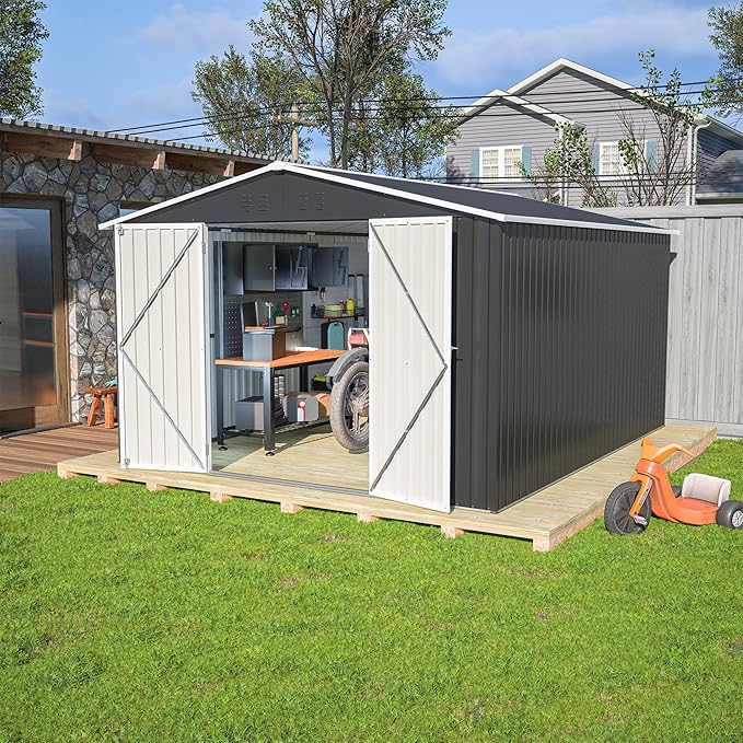 10x12 FT Outdoor Storage Shed, Large Metal Garden Shed with Lockable Hinged Doors, Outside Tool Shed with Sloped Roof & 4 Air Vents, Waterproof Storage Building for Backyard, Patio, Lawn, Black
