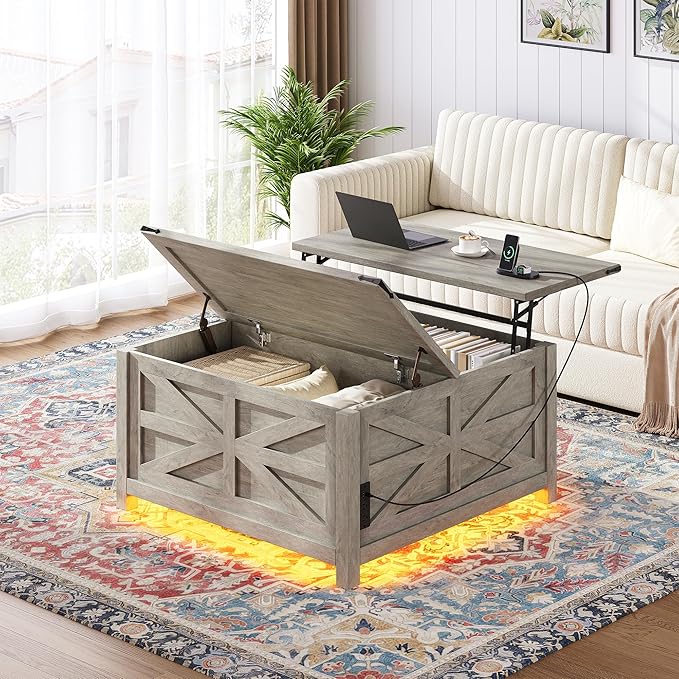 Farmhouse Coffee Table with Lift Top Storage, Square Wood Center Table, USB Charging Station,Grey