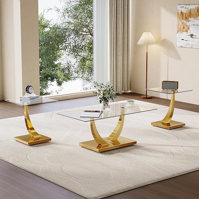 Modern Glass 3 Piece Living Room Table Set, Coffee Table Set with 1 Coffee Table and 2 End Tables, Tempered Glass Top and Gold Horn-Shaped Stainless Steel Base for Living Room, Office