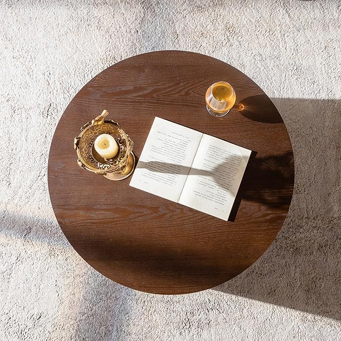 27.56" Round Lift-Top Coffee Table, Modern Fluted Tea Table with Hidden Storage for Living Room, Apartment or Office, Walnut